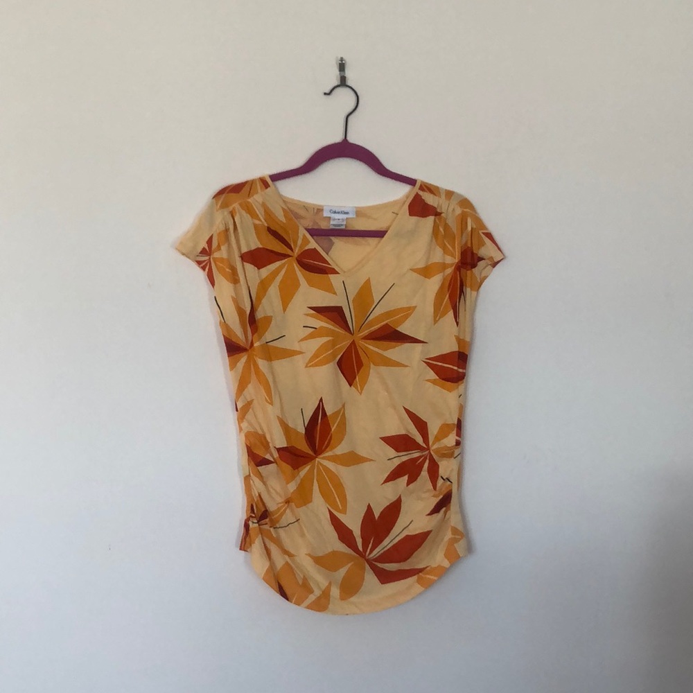 Calvin Klein 100% Cotton Red Orange Pastel Flower Leaf Print Short Sleeve Tee S
